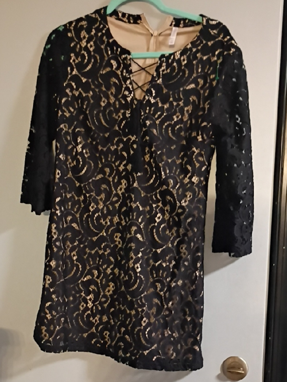 Xhilaration Black Lace Dress with Creme Underlay and Lace-Up Front